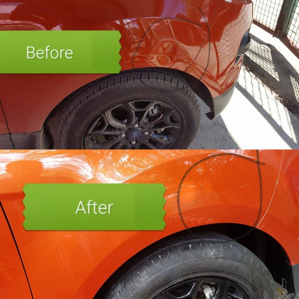 Orange guard dent: before and after (before and after paintless repair)